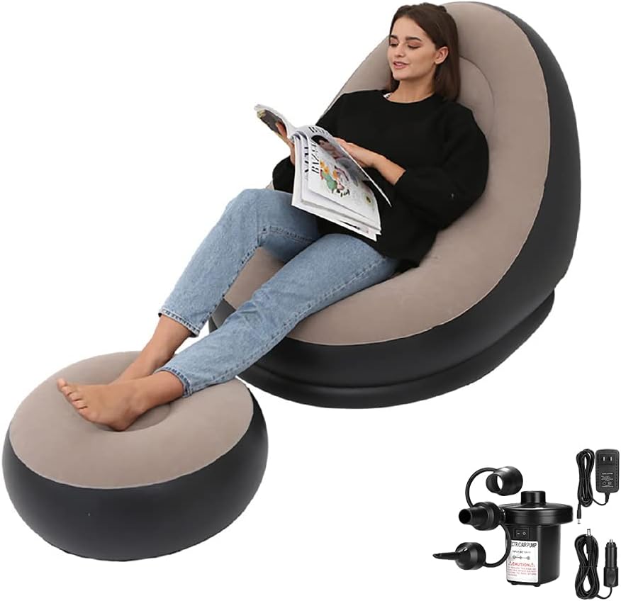 PLKO Inflatable Chair with Household air Pump,Air Sofa Inflatable Couch,Inflatable Lounge Chair for Indoor LivingRoom Bedroom ReadingRoom Office Balcony,Outdoor Travel Camping Picnic(Beige and Black)