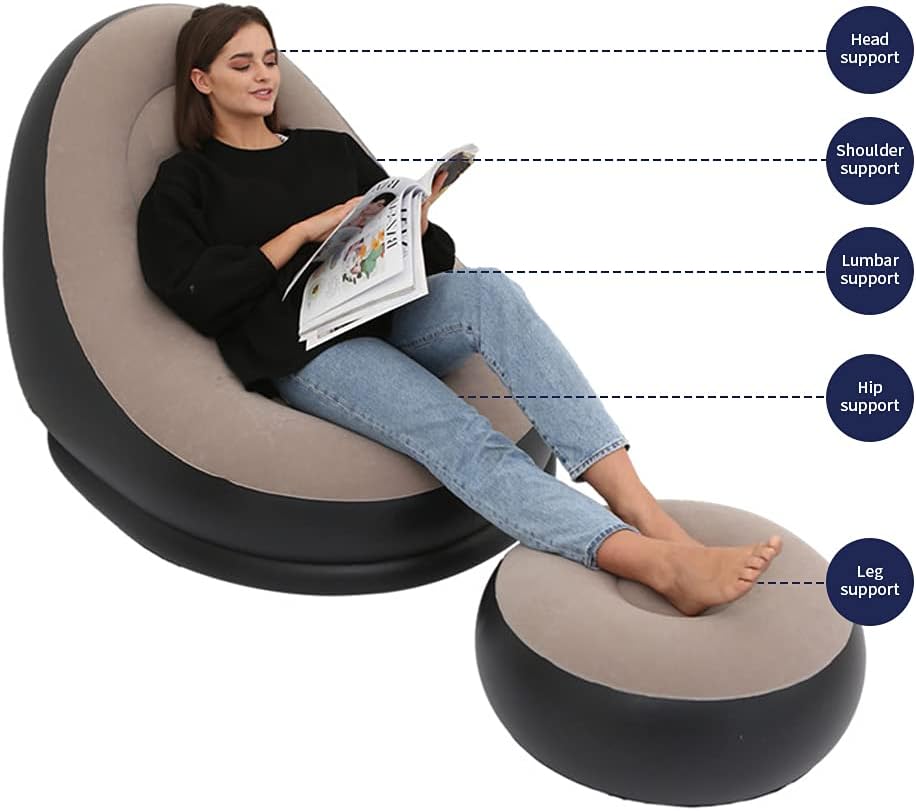PLKO Inflatable Chair with Household air Pump,Air Sofa Inflatable Couch,Inflatable Lounge Chair for Indoor LivingRoom Bedroom ReadingRoom Office Balcony,Outdoor Travel Camping Picnic(Beige and Black)