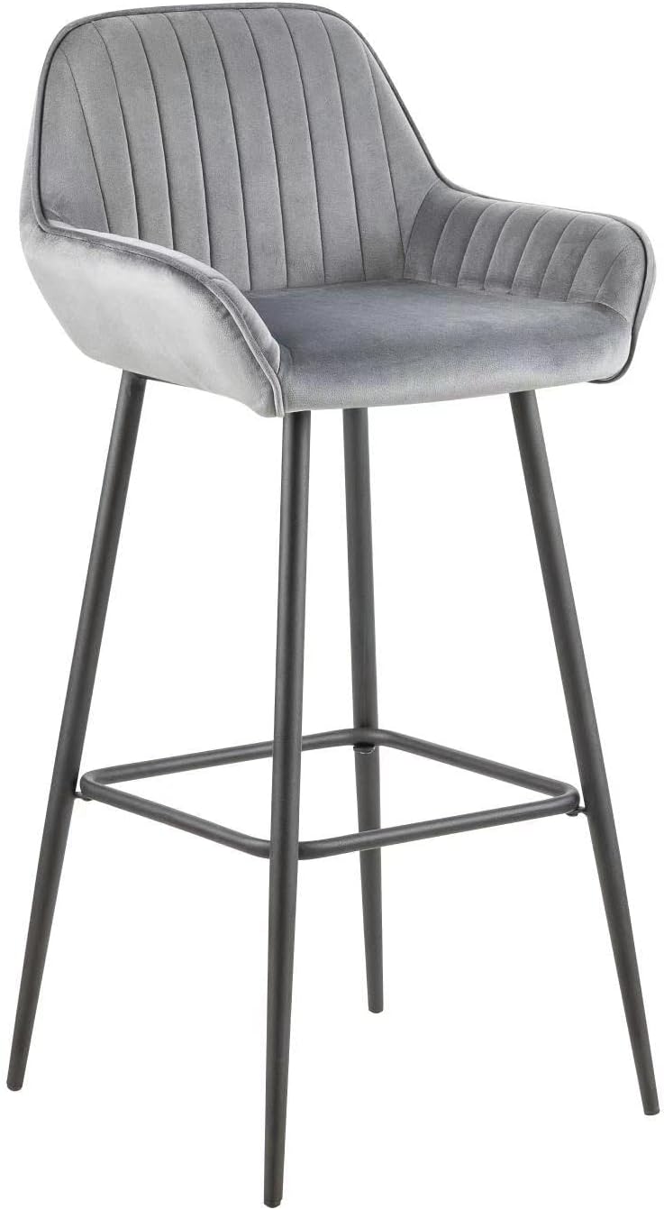 LANNY Velvet Grey Bar Stools Set of 2 Grey Office Cocktail High Chair Height for Pub Coffee Home Dinning Kitchen T1025 with Back and Footrest Modern (Grey Velvet)