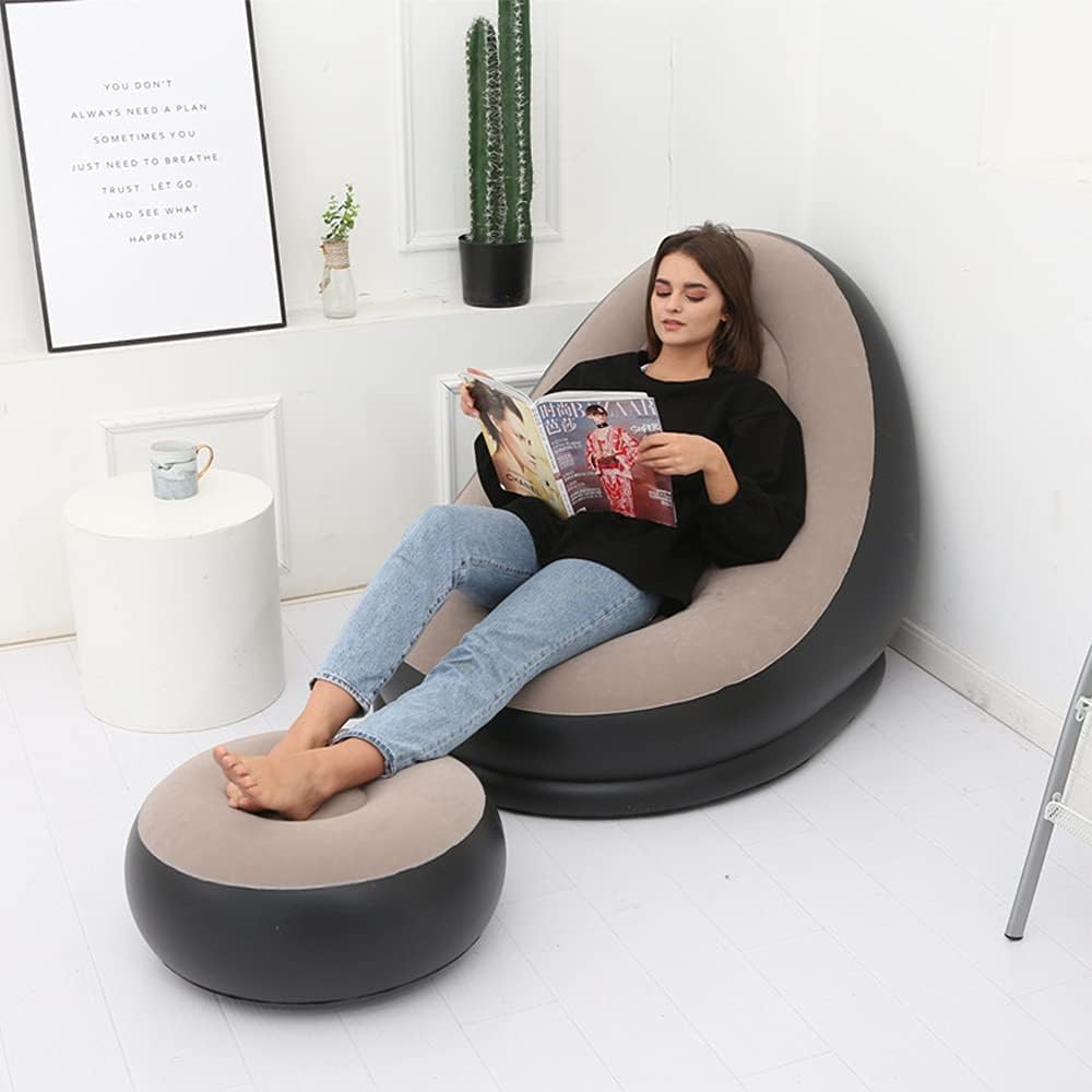 PLKO Inflatable Chair with Household air Pump,Air Sofa Inflatable Couch,Inflatable Lounge Chair for Indoor LivingRoom Bedroom ReadingRoom Office Balcony,Outdoor Travel Camping Picnic(Beige and Black)