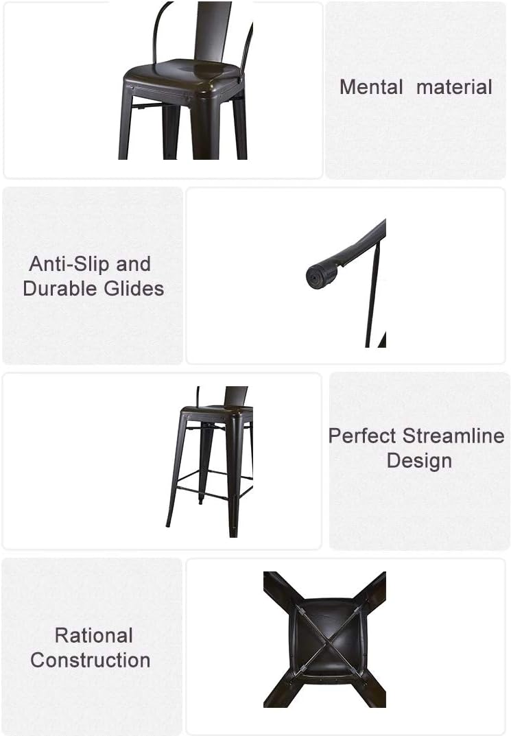 Modern Light Weight Industrial Metal Barstools 4 Leg Design with Back Support, for Home/office/Restaurant/Desk/Bar/Caferteria/Kitchen/Coffee, Matt Black