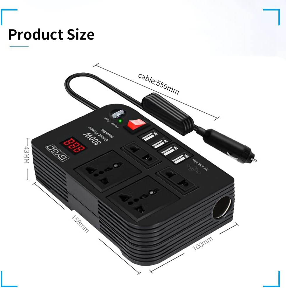 300W Car Power Inverter, DC 12V to 220V AC Converter with 4 Charger Outlets and Four 4.1A USB Ports Cigarette Lighter Socket Adapter