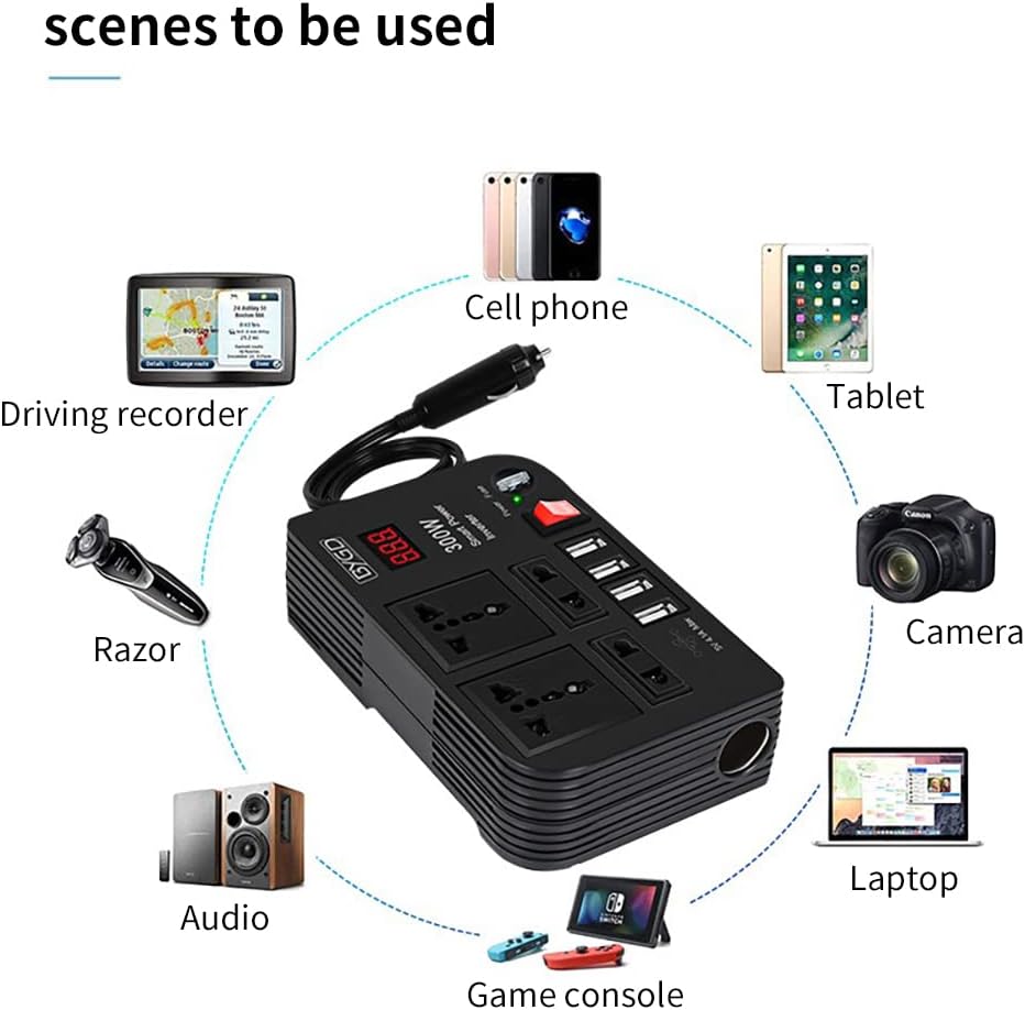 300W Car Power Inverter, DC 12V to 220V AC Converter with 4 Charger Outlets and Four 4.1A USB Ports Cigarette Lighter Socket Adapter