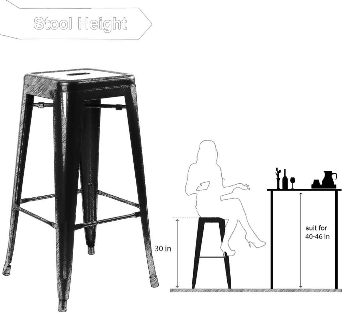 LANNY 76CM Metal Bar Stools High Backless Stools Bar Height Stools Patio Furniture Indoor/Outdoor Stackable Kitchen Stools Dining Chair (Matt Black)