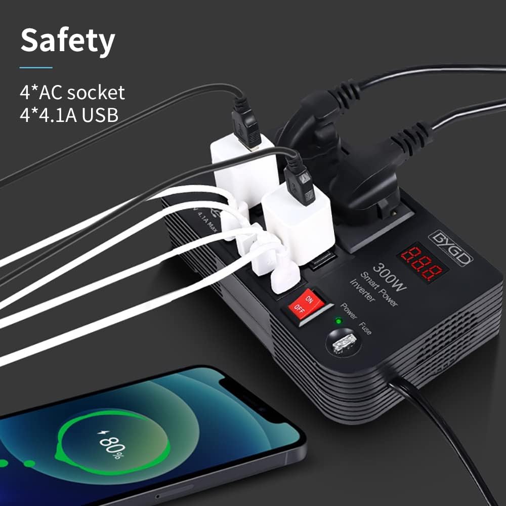 300W Car Power Inverter, DC 12V to 220V AC Converter with 4 Charger Outlets and Four 4.1A USB Ports Cigarette Lighter Socket Adapter