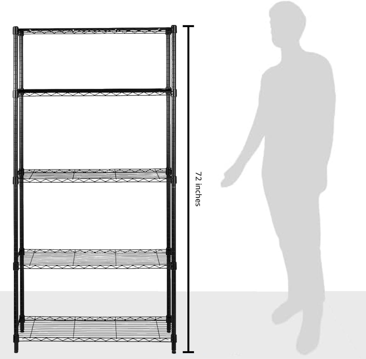 5-Shelf Storage Unit With Height Adjustable Shelves and Levelling Feet, 795 kg Max Weight, Black, 35.6 D x 91.4 W x 182.9 H cm