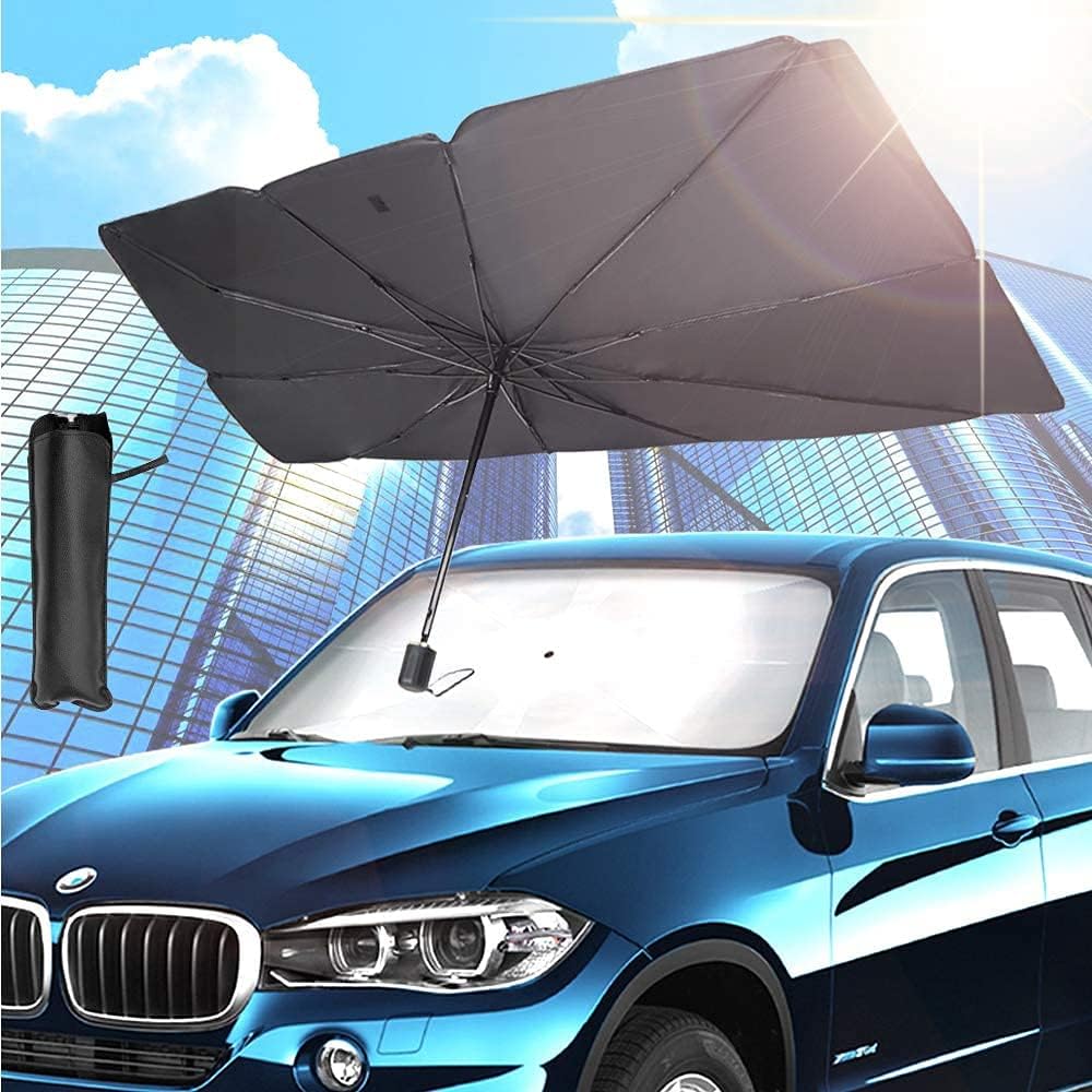 Car Sun shade Umbrella for car front Windshield Protect Vehicle from UV Sun Rays and Heat Foldable with Leather Cover (55 X 31) Size Suitable For All Cars