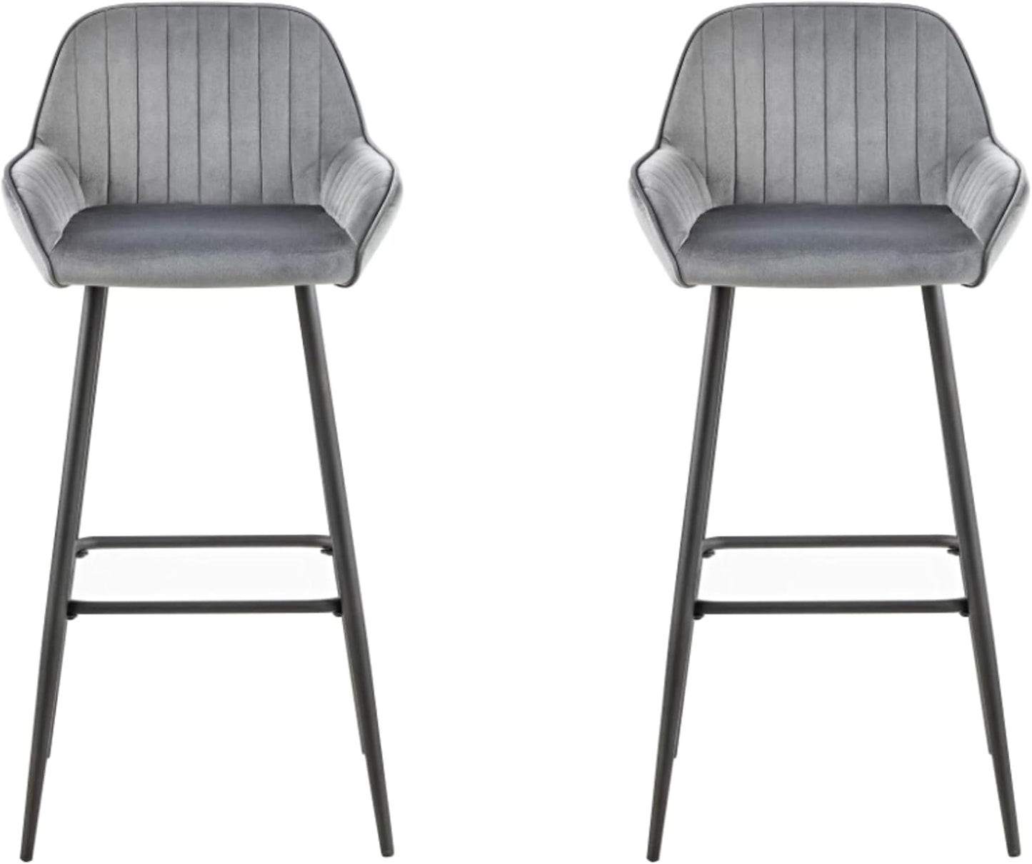 LANNY Velvet Grey Bar Stools Set of 2 Grey Office Cocktail High Chair Height for Pub Coffee Home Dinning Kitchen T1025 with Back and Footrest Modern (Grey Velvet)