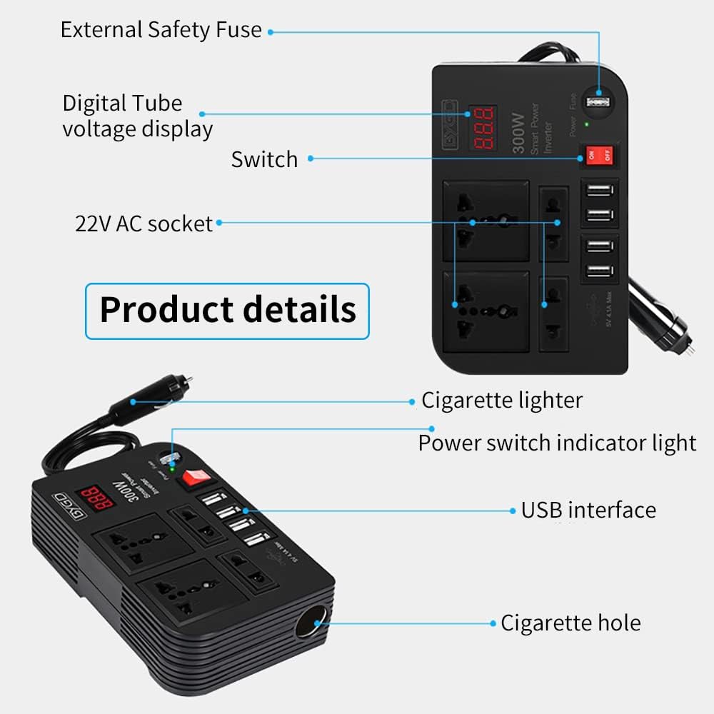 300W Car Power Inverter, DC 12V to 220V AC Converter with 4 Charger Outlets and Four 4.1A USB Ports Cigarette Lighter Socket Adapter