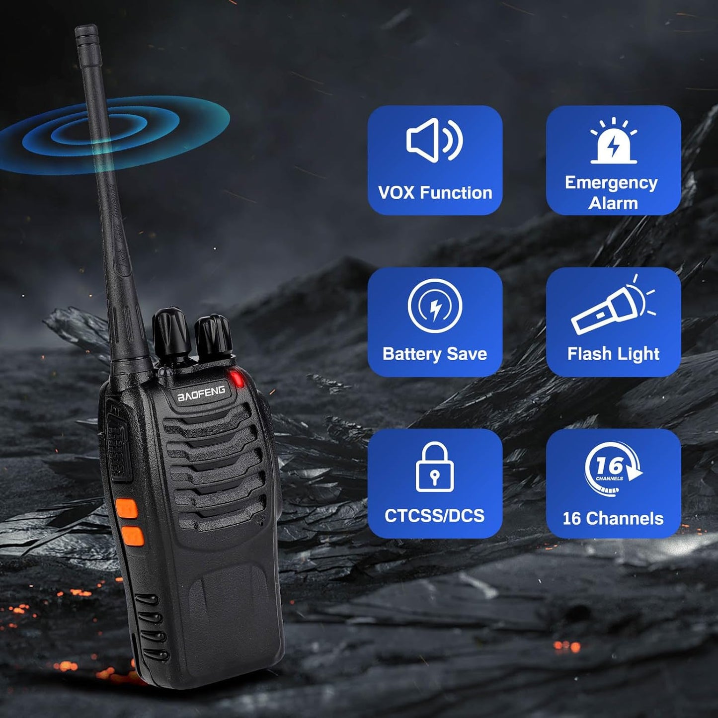 Baofeng Walkie Talkies 888S Rechargeable Long Range with Earpieces for Adults, 16 Channel Professional Radio Handheld Two Way Radios Li-ion Battery and Charger Included