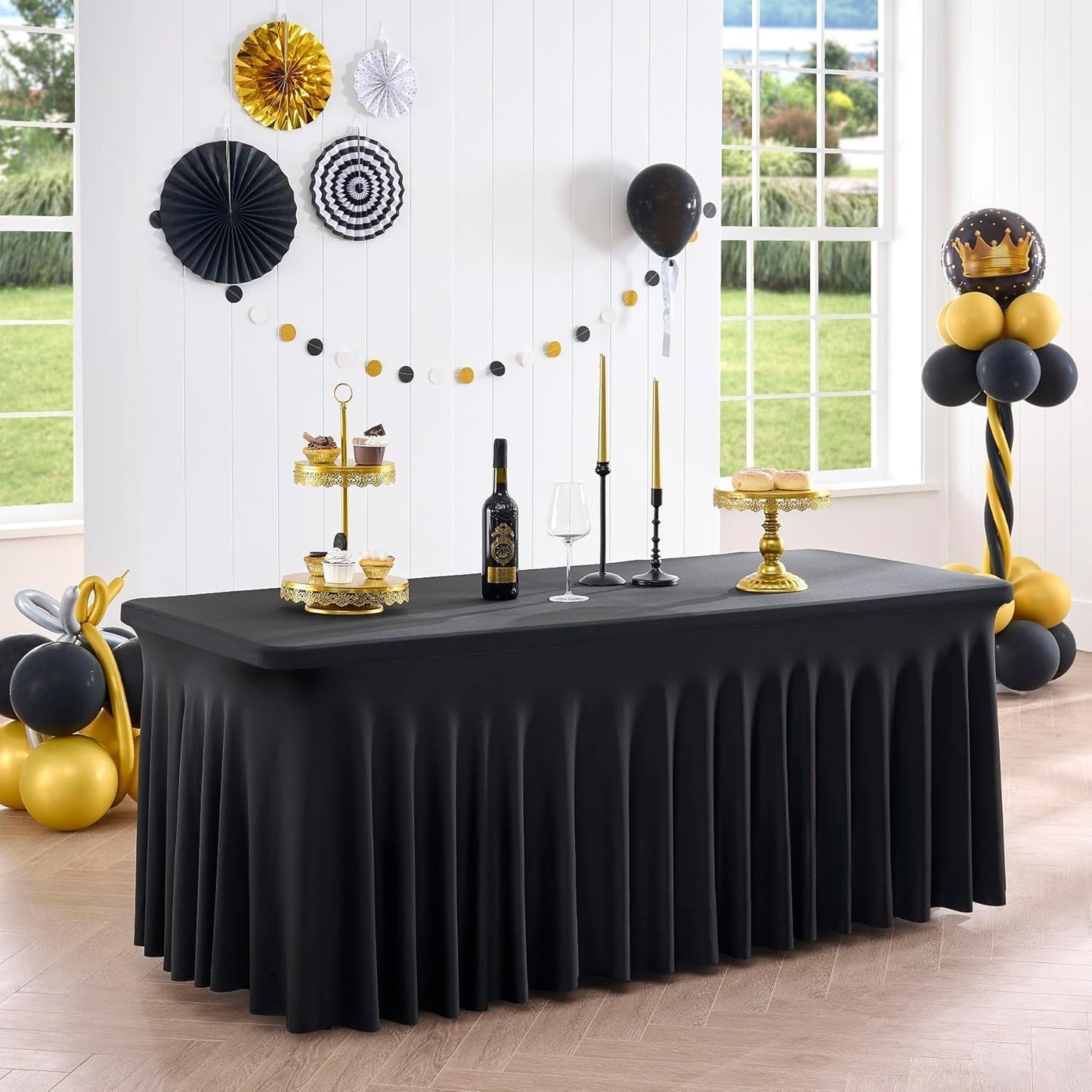 6ft Spandex Table Cloth for Standard Folding Tables Black Table Cover Table Protector for Party, Wedding, Cocktail, Banquet, Festival with Skirt Look