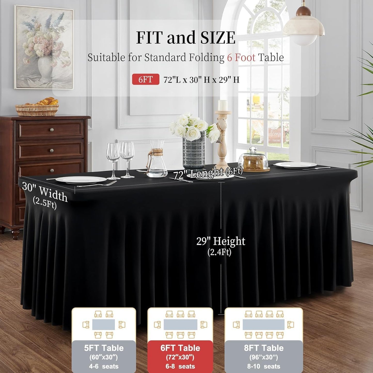6ft Spandex Table Cloth for Standard Folding Tables Black Table Cover Table Protector for Party, Wedding, Cocktail, Banquet, Festival with Skirt Look