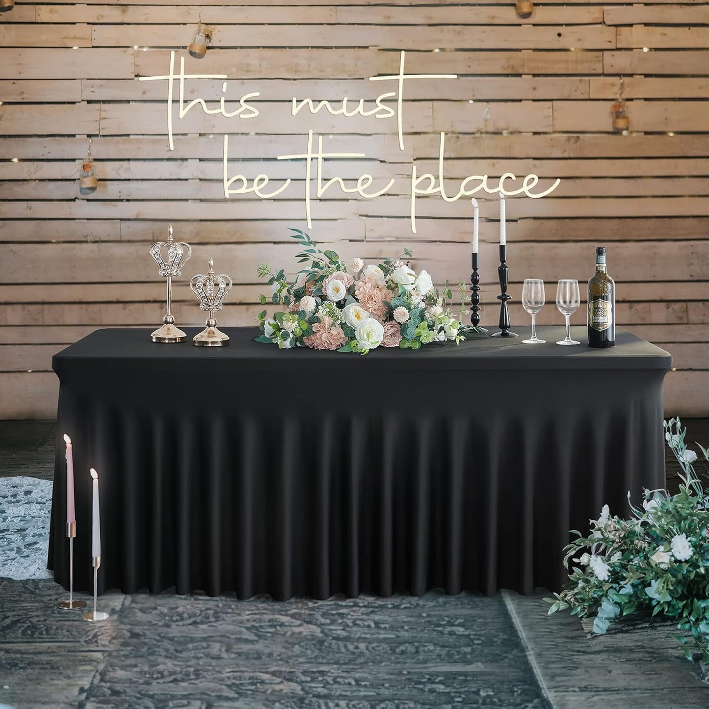 6ft Spandex Table Cloth for Standard Folding Tables Black Table Cover Table Protector for Party, Wedding, Cocktail, Banquet, Festival with Skirt Look