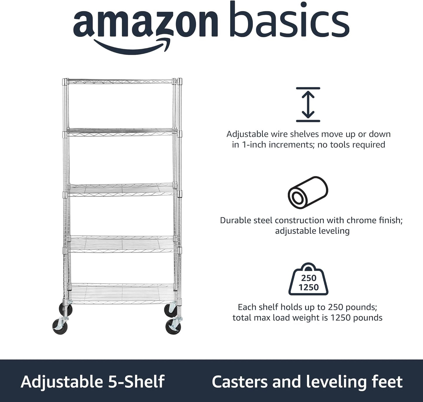 5-Shelf Storage Unit With Height Adjustable Shelves and Levelling Feet, 795 kg Max Weight, Black, 35.6 D x 91.4 W x 182.9 H cm
