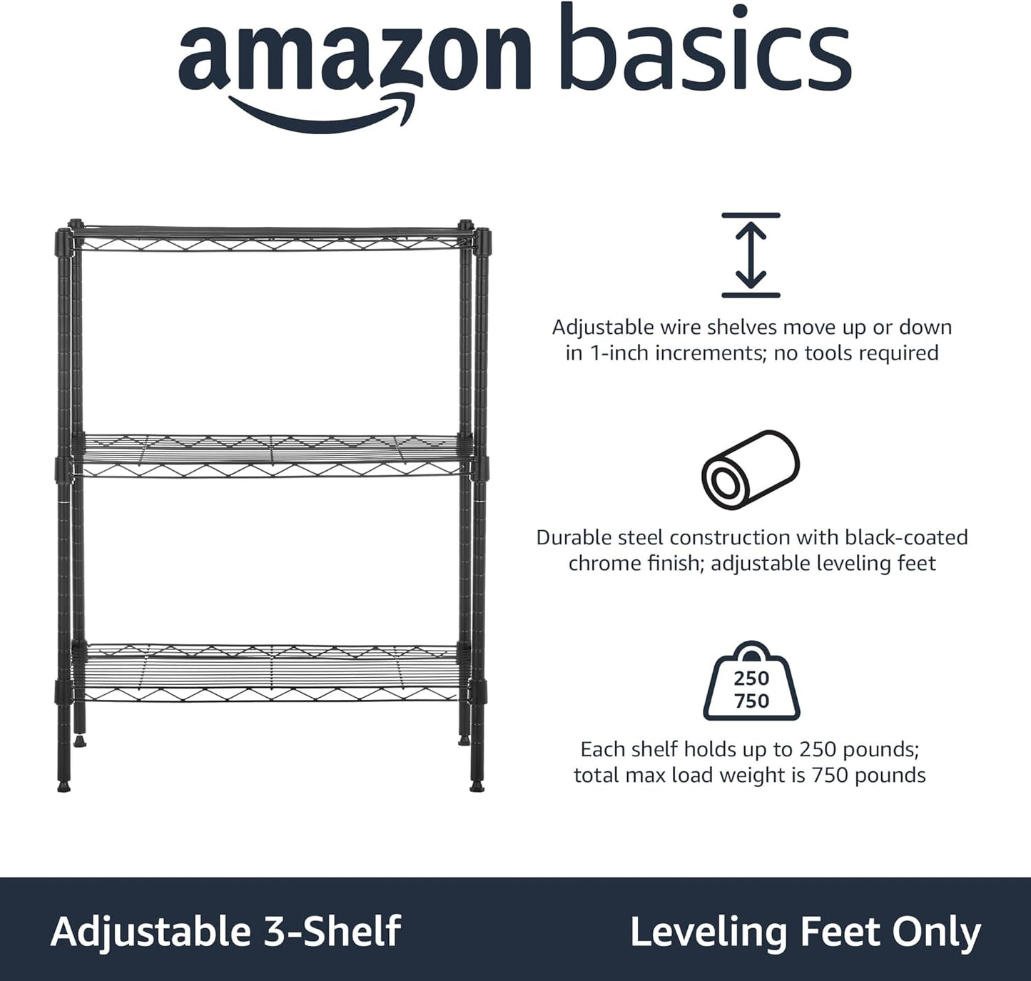 5-Shelf Storage Unit With Height Adjustable Shelves and Levelling Feet, 795 kg Max Weight, Black, 35.6 D x 91.4 W x 182.9 H cm