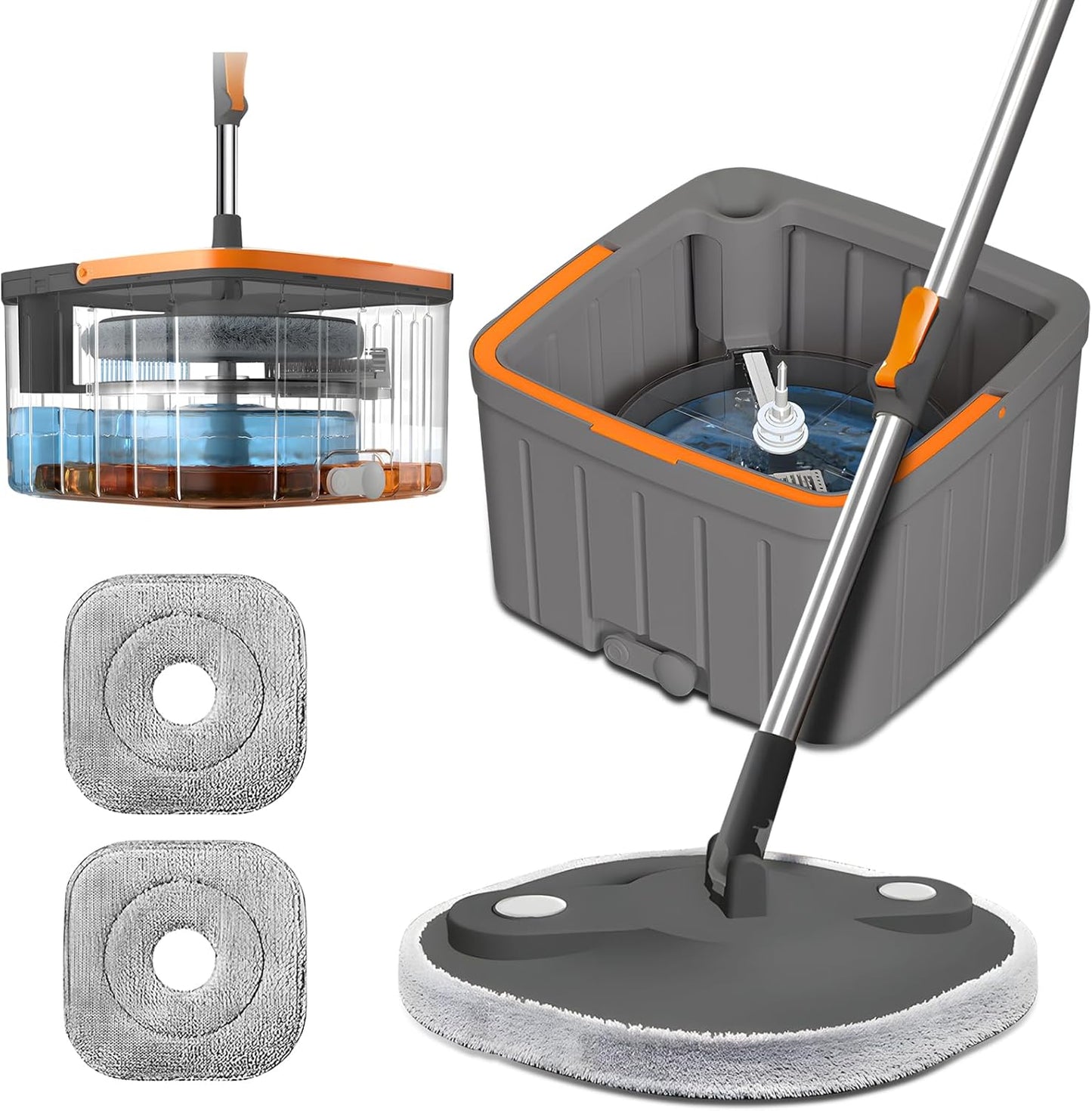Spin Mop Set with Self Separating Sewage And Clean Water System, 360 ° Rotating Bucket Set Adjustable Versatile Handle Equipped With 2replacement Washable Microfiber Mop Head