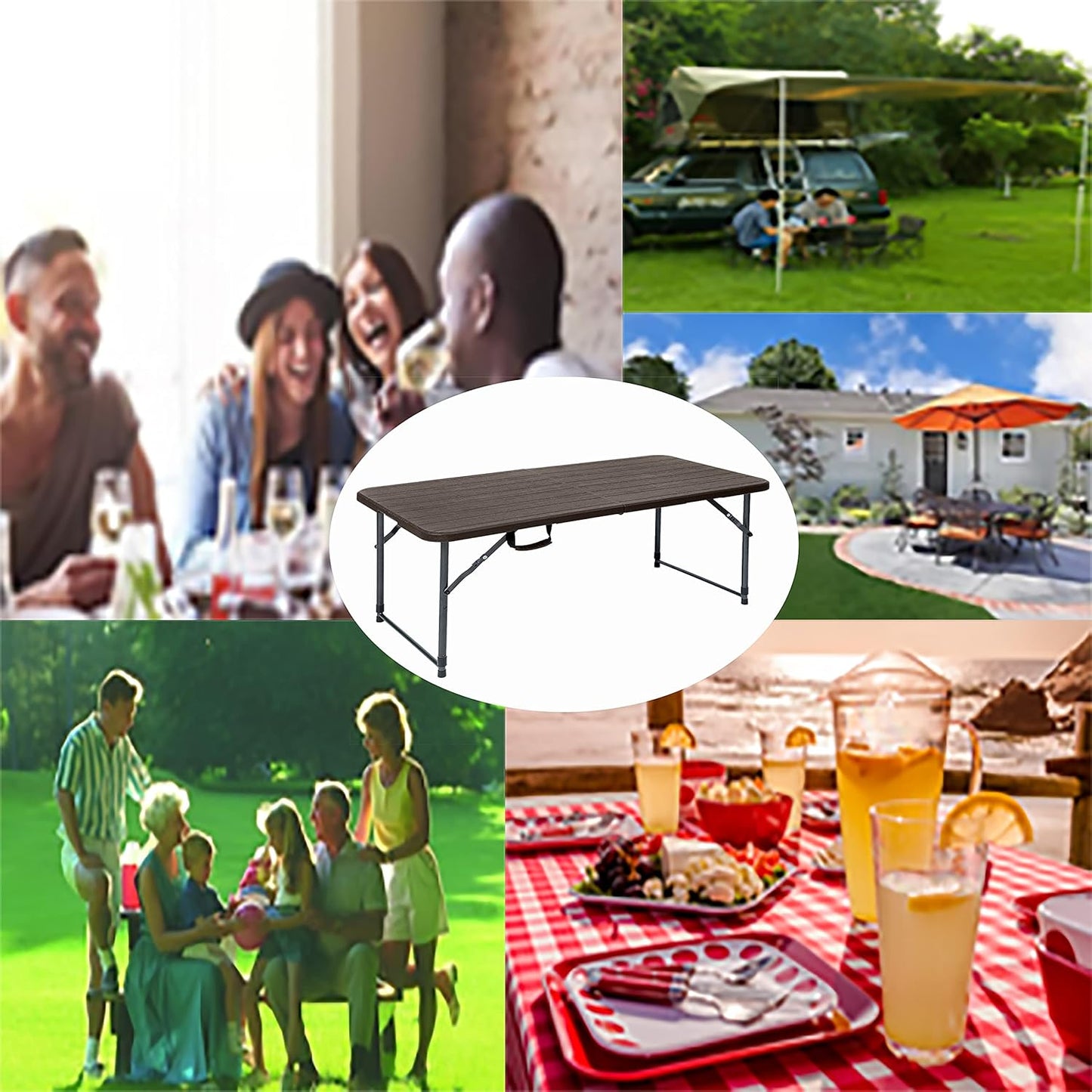 LANNY Portable Plastic Folding Table SZK120 Wood Design 120 * 60 cm for 4-6 person Party/Picnic/Garden/Dining/Kitchen/Buffee/Restaurant (brown2)