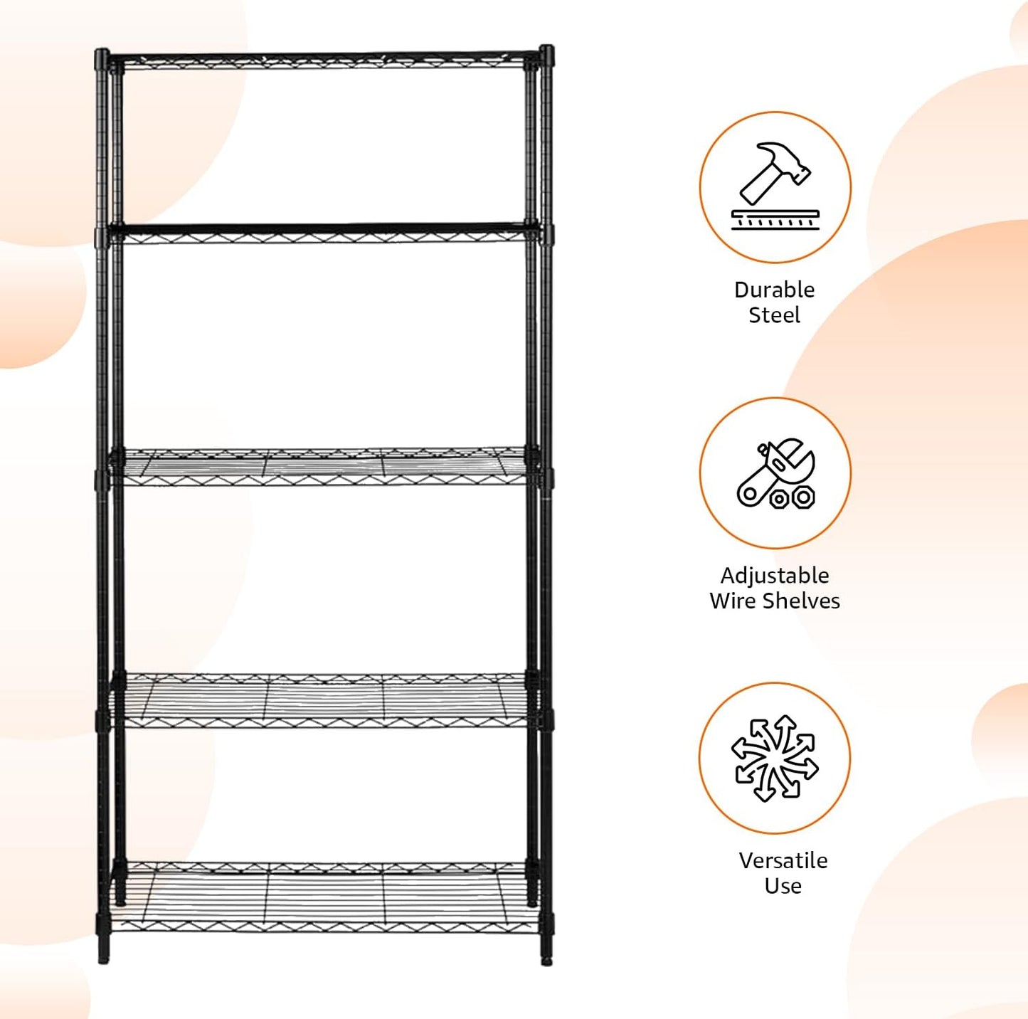 5-Shelf Storage Unit With Height Adjustable Shelves and Levelling Feet, 795 kg Max Weight, Black, 35.6 D x 91.4 W x 182.9 H cm