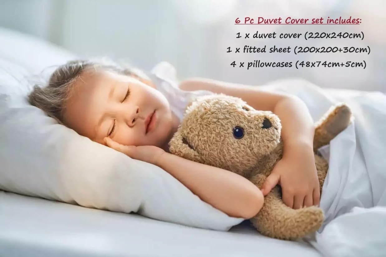 Generic Sleeping Bear 6-Piece Luxury King Size Cotton Bedsheet - Quilt Cover Set | 1 Fitted 200 * 200 Sheet + 1 Quilt Cover + 4 Pillow Cases (Beige)