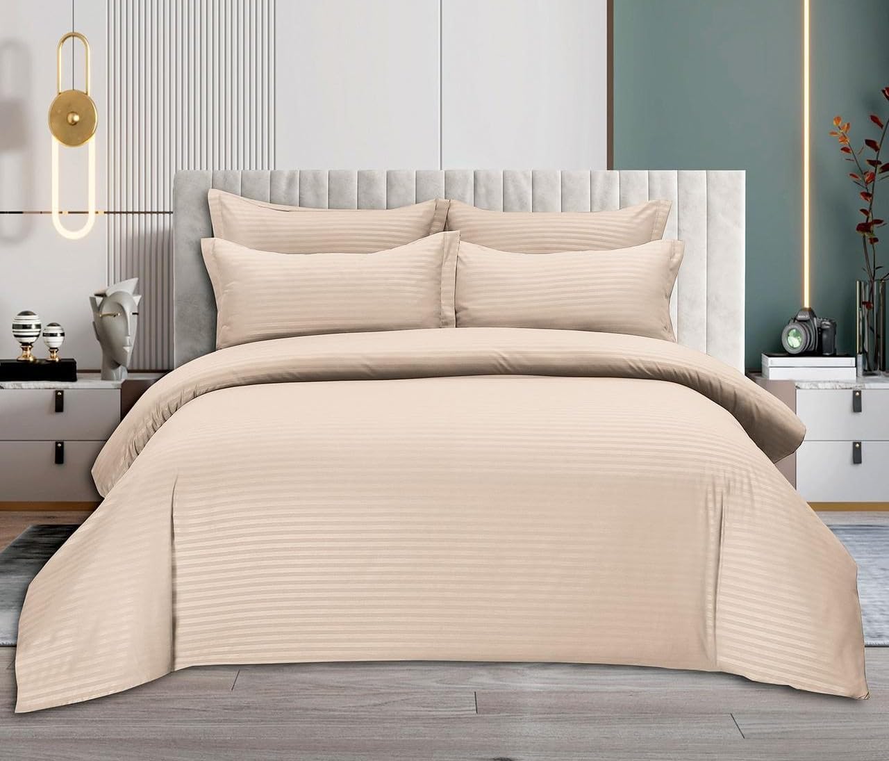 Generic Sleeping Bear 6-Piece Luxury King Size Cotton Bedsheet - Quilt Cover Set | 1 Fitted 200 * 200 Sheet + 1 Quilt Cover + 4 Pillow Cases (Beige)