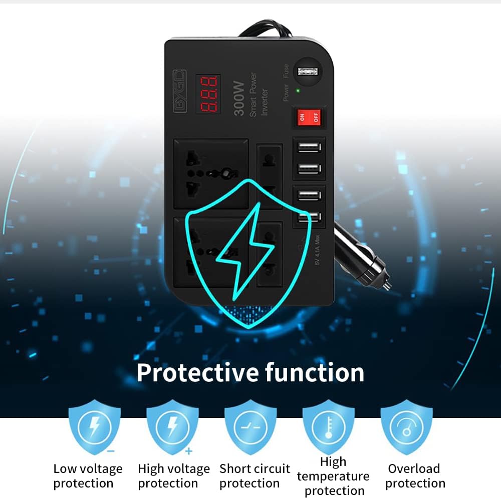 300W Car Power Inverter, DC 12V to 220V AC Converter with 4 Charger Outlets and Four 4.1A USB Ports Cigarette Lighter Socket Adapter