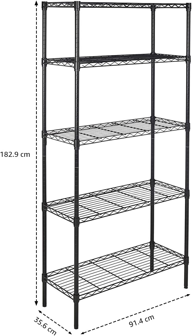5-Shelf Storage Unit With Height Adjustable Shelves and Levelling Feet, 795 kg Max Weight, Black, 35.6 D x 91.4 W x 182.9 H cm