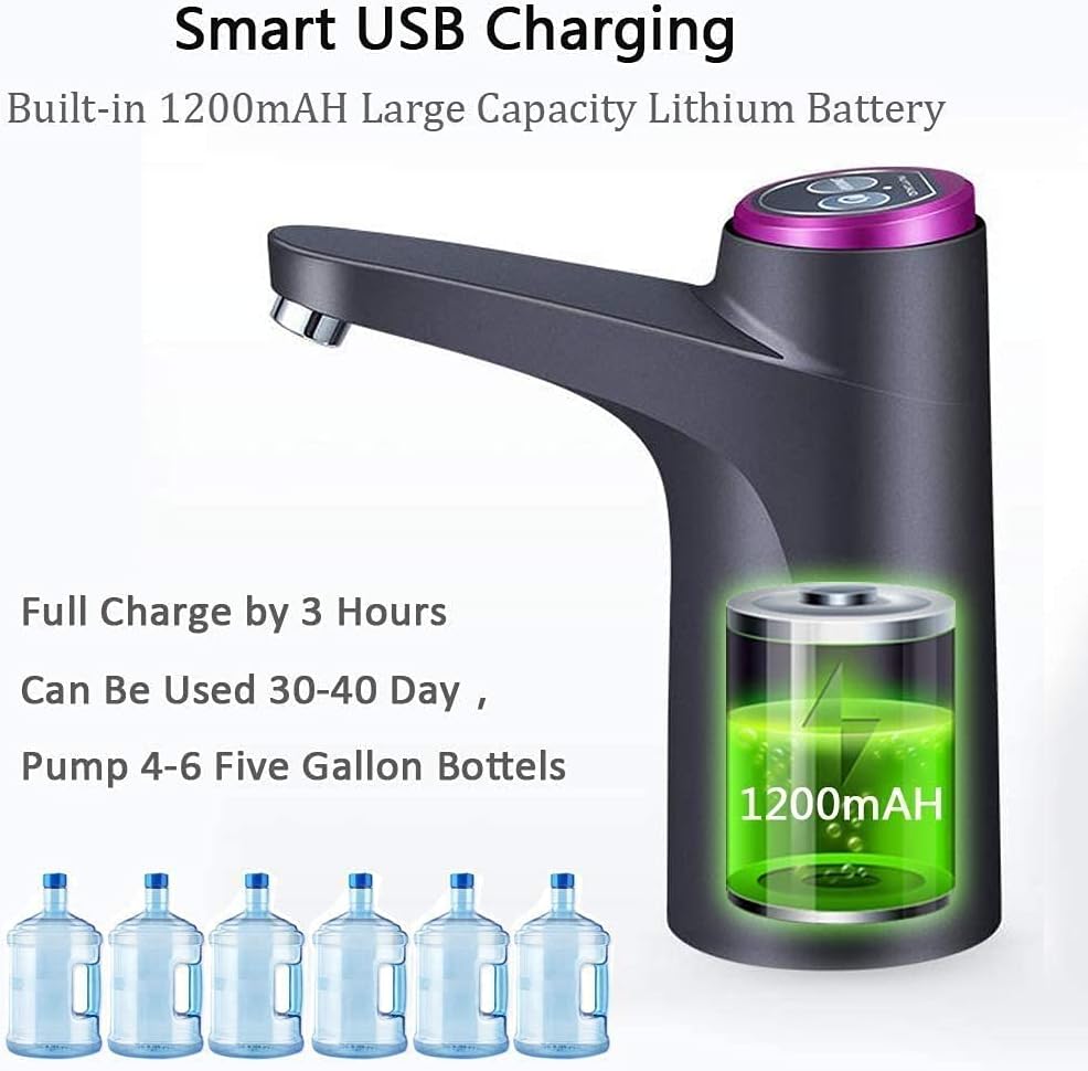 USB Charging Water Bottle Pump for 3-5 Gallon Bottles - Automatic Drinking Water Dispenser for Home Office (Black)