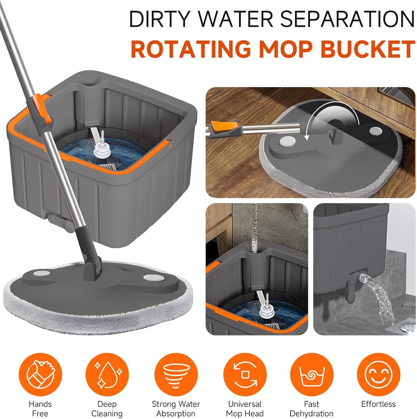 Spin Mop Set with Self Separating Sewage And Clean Water System, 360 ° Rotating Bucket Set Adjustable Versatile Handle Equipped With 2replacement Washable Microfiber Mop Head