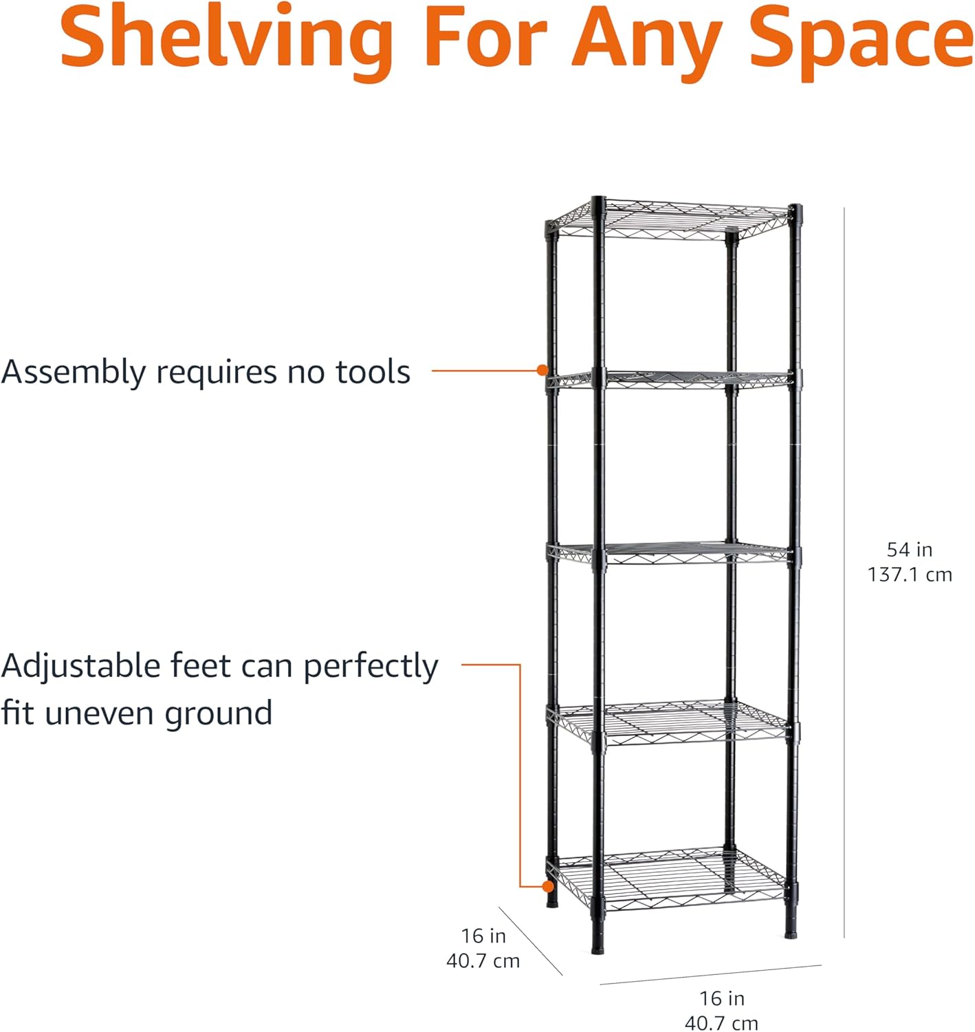 5-Shelf Storage Unit With Height Adjustable Shelves and Levelling Feet, 795 kg Max Weight, Black, 35.6 D x 91.4 W x 182.9 H cm