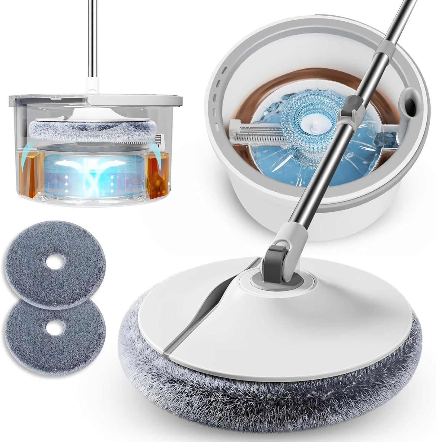 Spin Mop Set with Self Separating Sewage And Clean Water System, 360 ° Rotating Bucket Set Adjustable Versatile Handle Equipped With 2replacement Washable Microfiber Mop Head