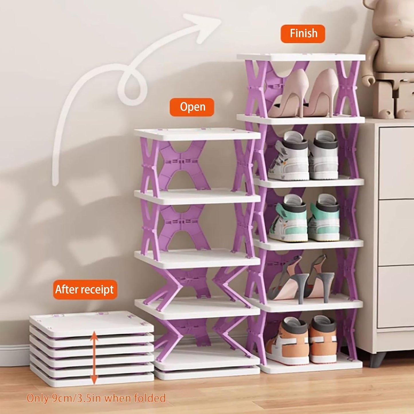 Space-saving Modern Vertical Multi-layer High Narrow Shoe Rack, 6-layer, Unisex, Adult, Plastic, Foldable, Freestanding, Tiered Shelf, Rectangular, 28x29x11 cm, 1 kg