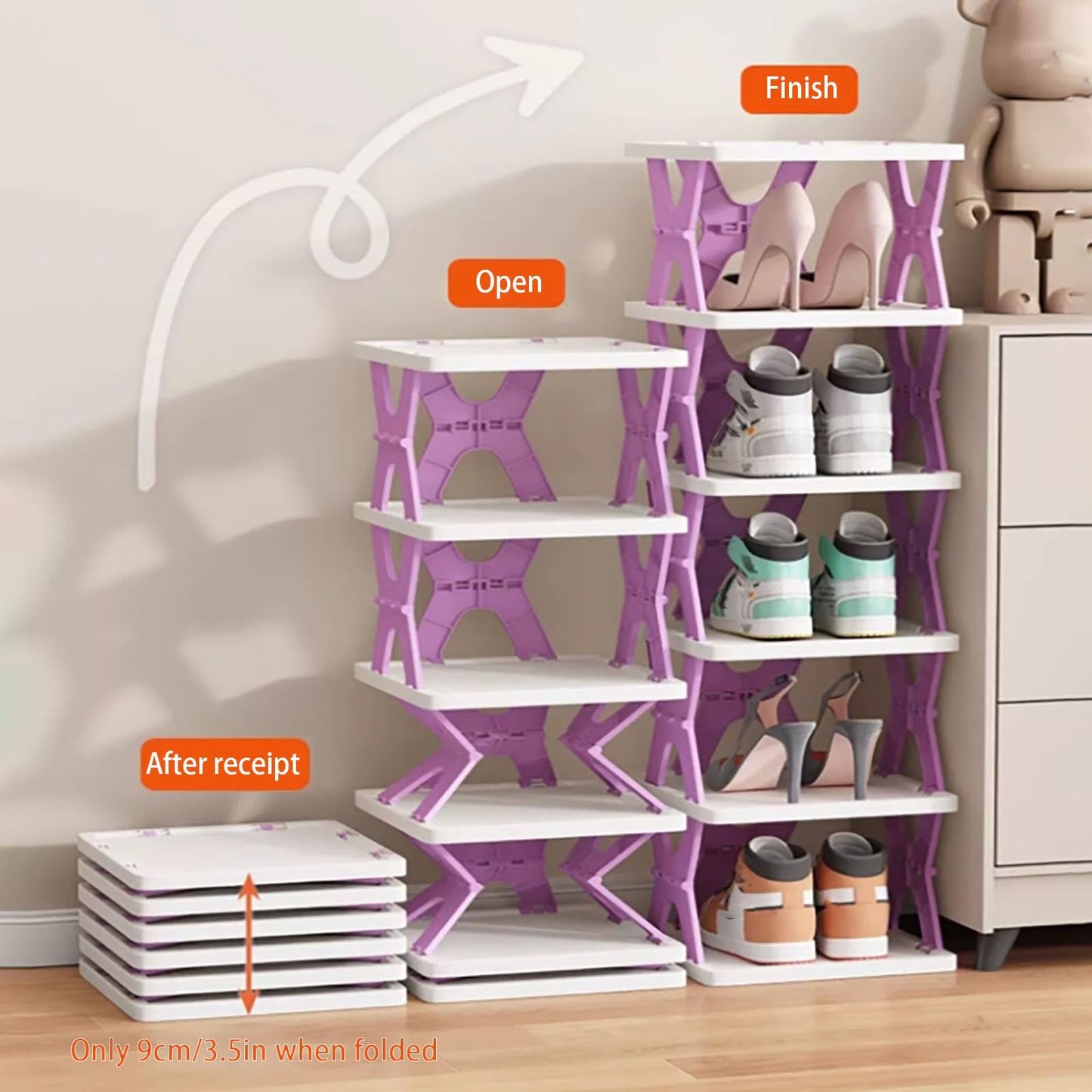 Space-saving Modern Vertical Multi-layer High Narrow Shoe Rack, 6-layer, Unisex, Adult, Plastic, Foldable, Freestanding, Tiered Shelf, Rectangular, 28x29x11 cm, 1 kg