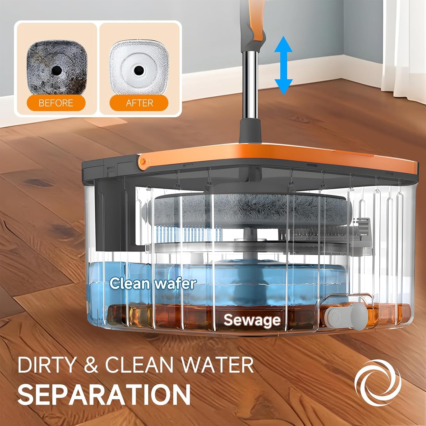 Spin Mop Set with Self Separating Sewage And Clean Water System, 360 ° Rotating Bucket Set Adjustable Versatile Handle Equipped With 2replacement Washable Microfiber Mop Head
