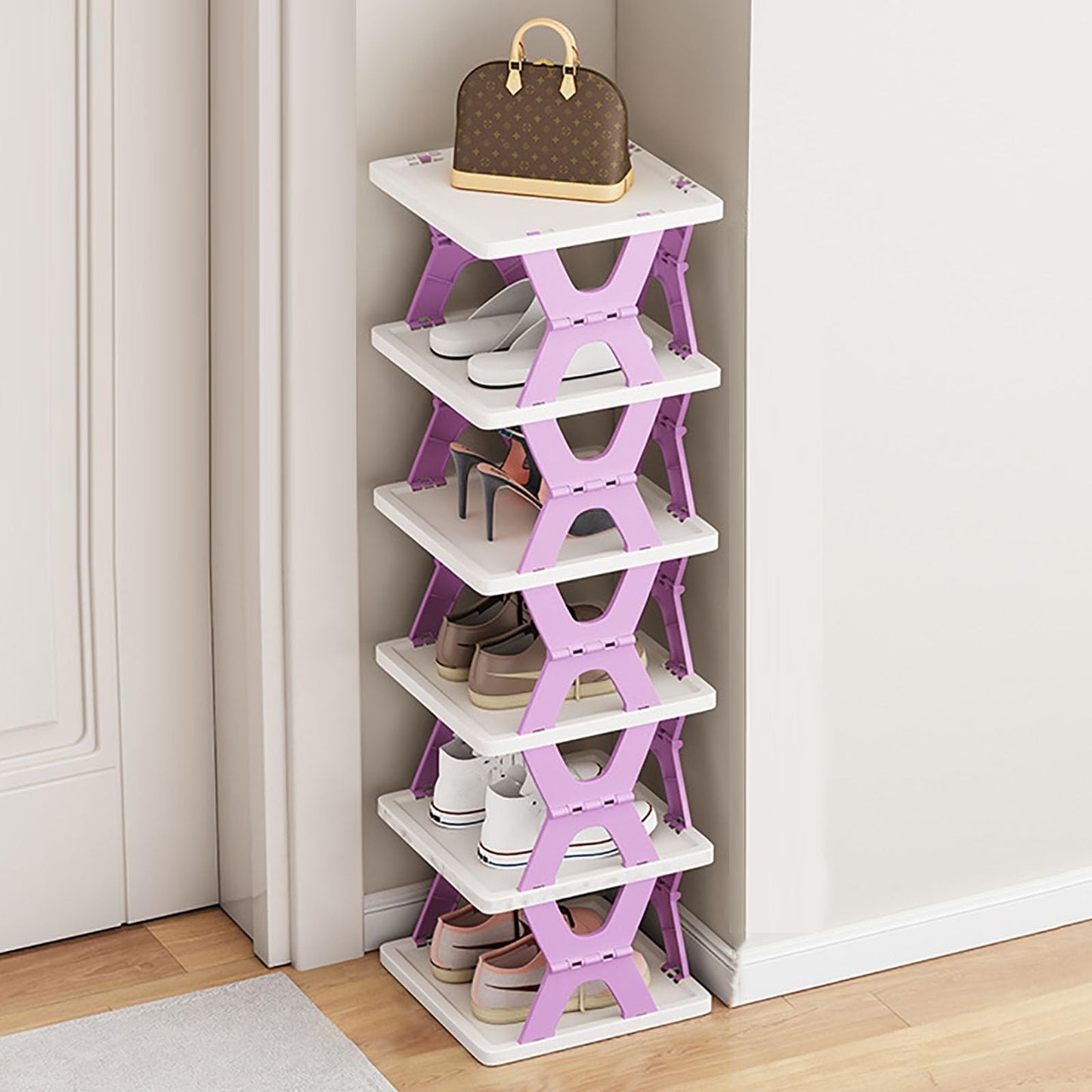 Space-saving Modern Vertical Multi-layer High Narrow Shoe Rack, 6-layer, Unisex, Adult, Plastic, Foldable, Freestanding, Tiered Shelf, Rectangular, 28x29x11 cm, 1 kg
