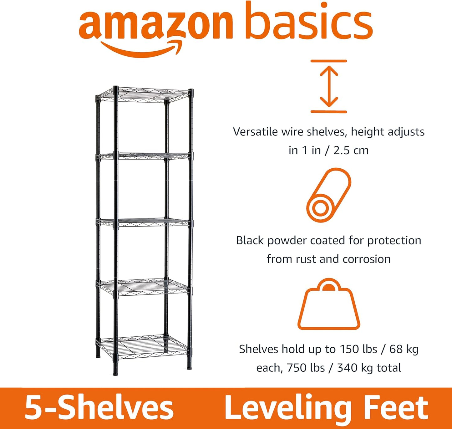 5-Shelf Storage Unit With Height Adjustable Shelves and Levelling Feet, 795 kg Max Weight, Black, 35.6 D x 91.4 W x 182.9 H cm