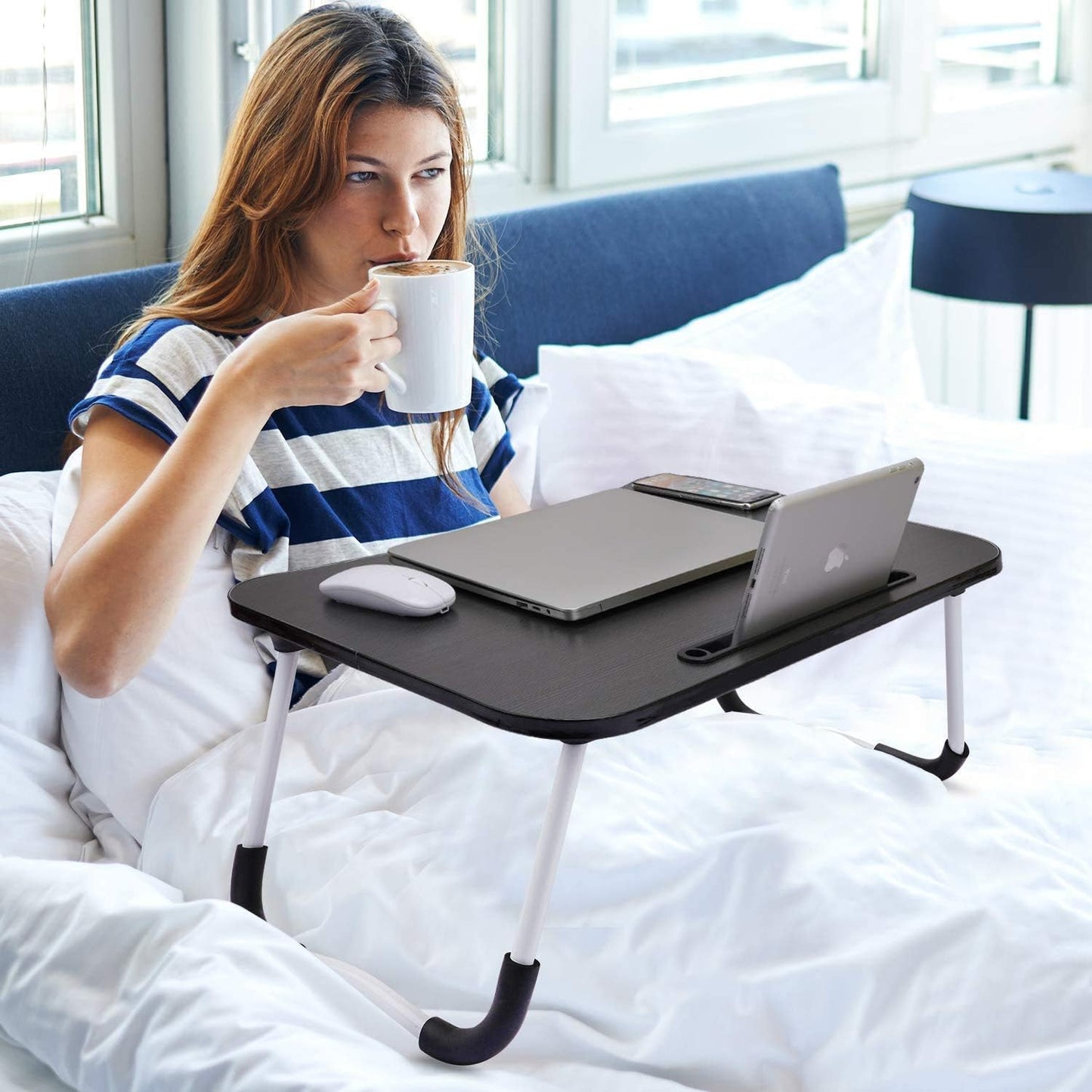 GHA Foldable Laptop Table, Portable Standing Bed Desk, Breakfast Serving Bed Tray, Notebook Computer Stand Reading Holder for Couch Floor, Black