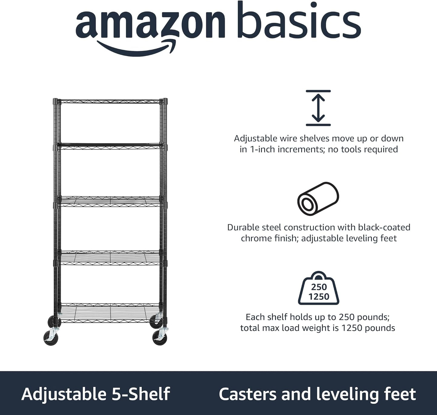 5-Shelf Storage Unit With Height Adjustable Shelves and Levelling Feet, 795 kg Max Weight, Black, 35.6 D x 91.4 W x 182.9 H cm