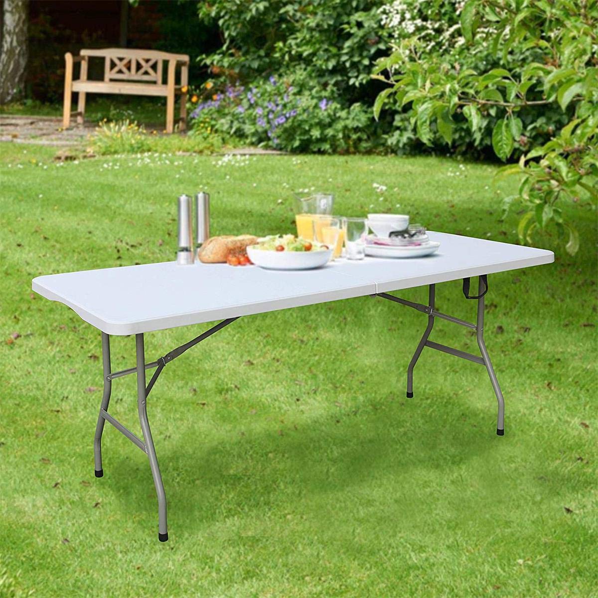 LANNY Portable Plastic Folding Table SZK120 Wood Design 120 * 60 cm for 4-6 person Party/Picnic/Garden/Dining/Kitchen/Buffee/Restaurant (brown2)