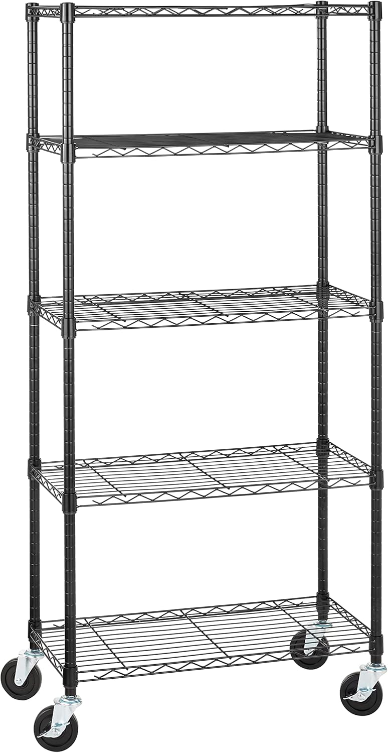 5-Shelf Storage Unit With Height Adjustable Shelves and Levelling Feet, 795 kg Max Weight, Black, 35.6 D x 91.4 W x 182.9 H cm
