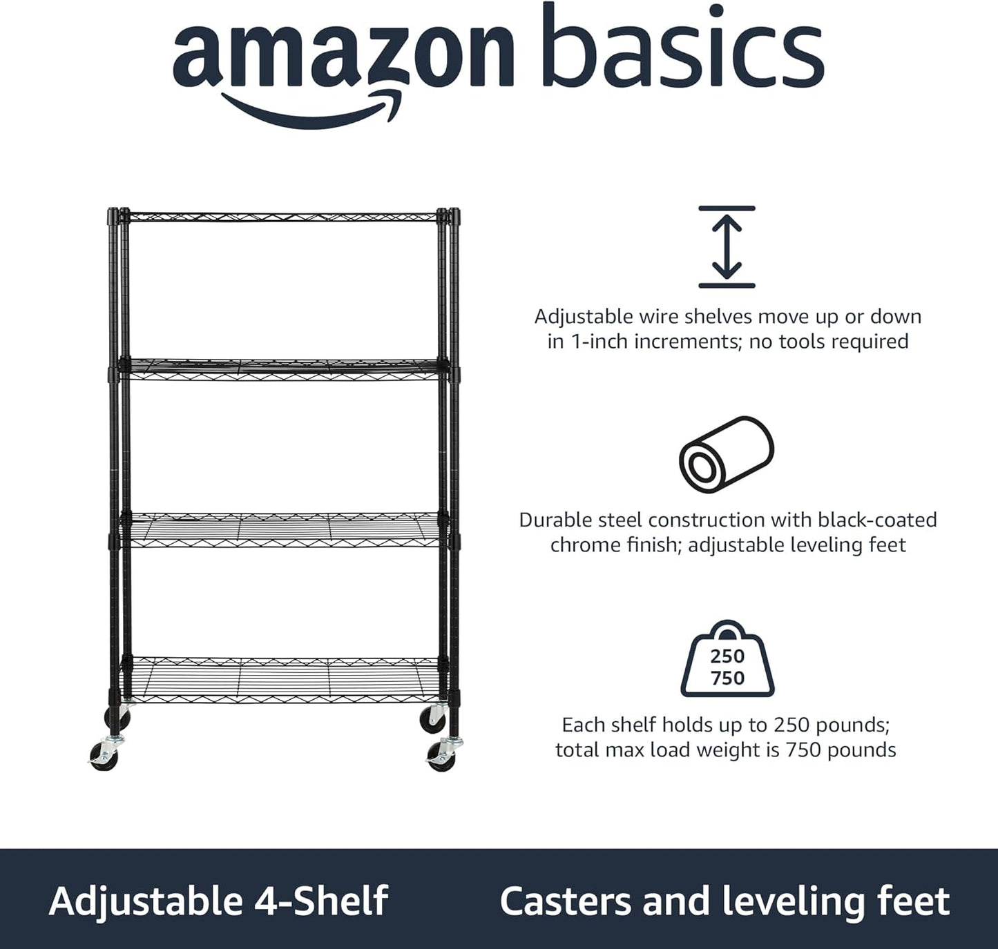 5-Shelf Storage Unit With Height Adjustable Shelves and Levelling Feet, 795 kg Max Weight, Black, 35.6 D x 91.4 W x 182.9 H cm