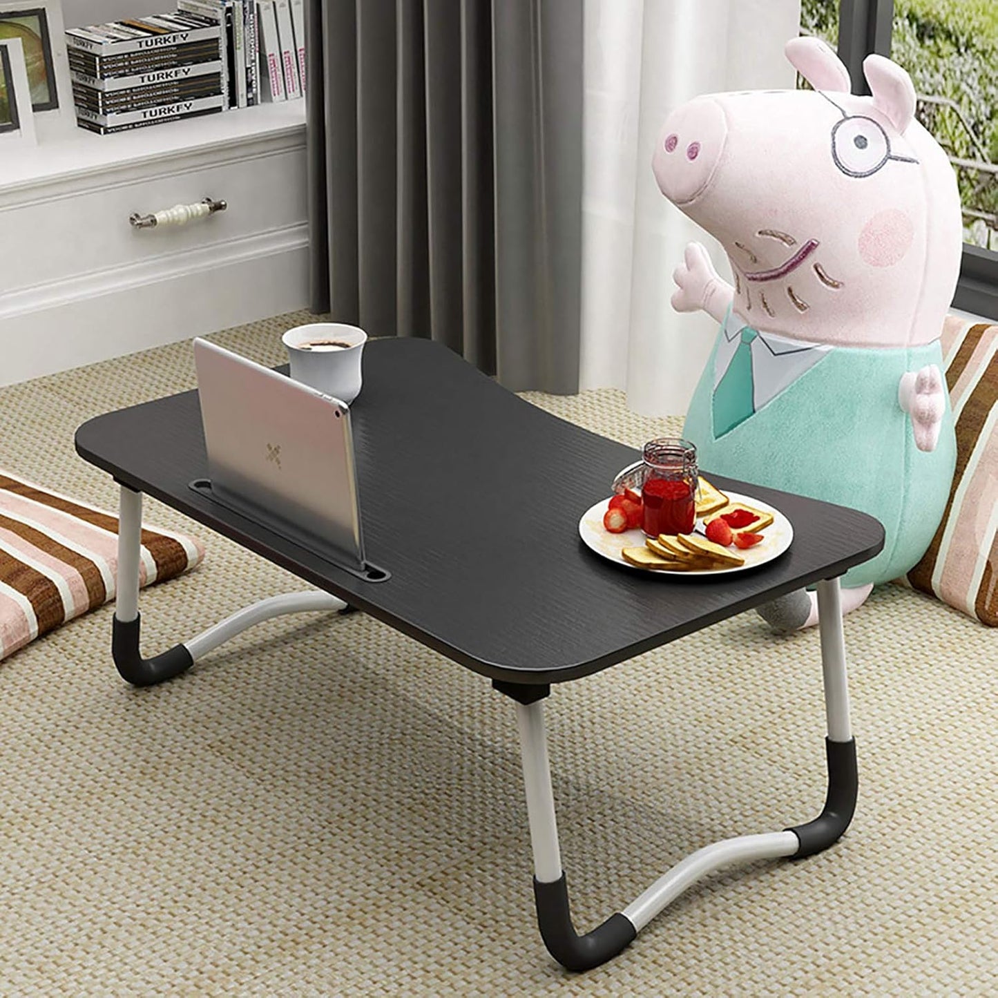 GHA Foldable Laptop Table, Portable Standing Bed Desk, Breakfast Serving Bed Tray, Notebook Computer Stand Reading Holder for Couch Floor, Black